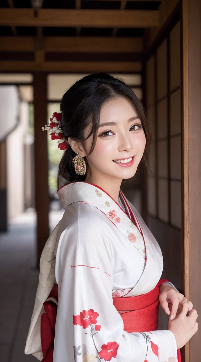 Pieces fly, highest quality, Realistic, finely, High resolution, 8k wallpaper, Perfect dynamic composition, Sharp focus, Surreal, Beautiful and detailed, Medium Hair, Big and ample breasts, Random sexy poses, Chest to Chest, (赤と白のLong-sleeved kimono,,(Red and white Japanese kimono、Long-sleeved kimono)), Laughter, Open your mouth, Resort scenery, Age 25, (Drooling eyes:1.4),New Year Background、shrine、Kadomatsu City、 beauty, Japanese, Chain Necklaces, Big earrings, Photographed from the front