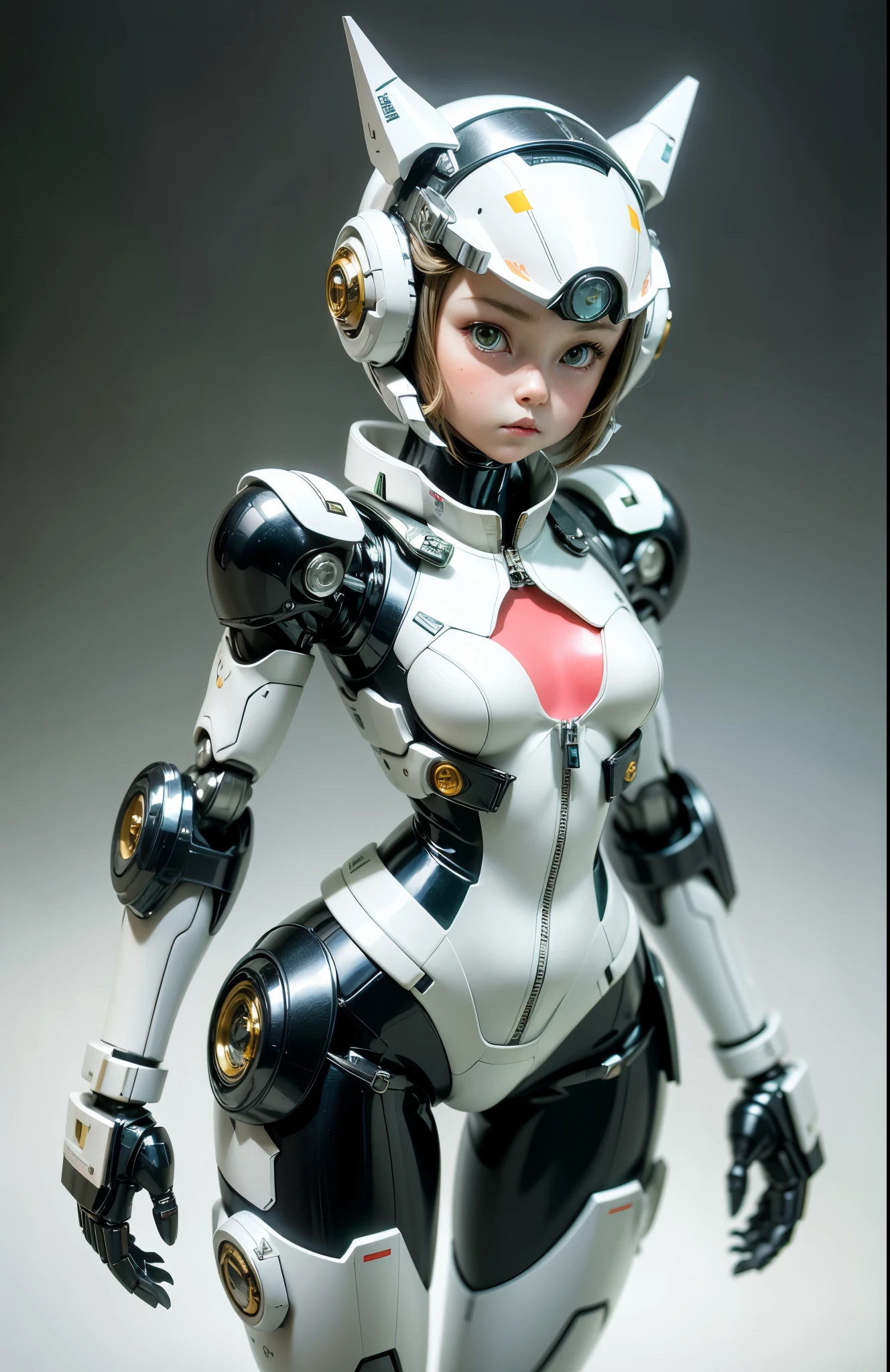 Very cute human 8 year old girl face, Doll-like body with robot arm, Robot hips and legs, Very cute and feminine, short, , small, Full Hips, Medium Bust, Snug-fitting white armor, Cleavage, a flat belly is visible, Helmet with antenna, robot joints, Very stylish, Black rubber bodysuit with zipper