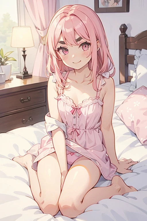 Girl with pink hair, long double-tailed hairstyle, ((small pink bushy eyebrows)), dressed in lolita clothing, marked vagina, lolicon (Zankuro) drawing style by zankuro artist, Zancro style, image uploaded to R34, looking at the camera with a flirty smile, modeling in his room, male pov, (panties pulling, self-pulling, pink panties:1.1) panties pulled to his knees, dress blocking pusyy