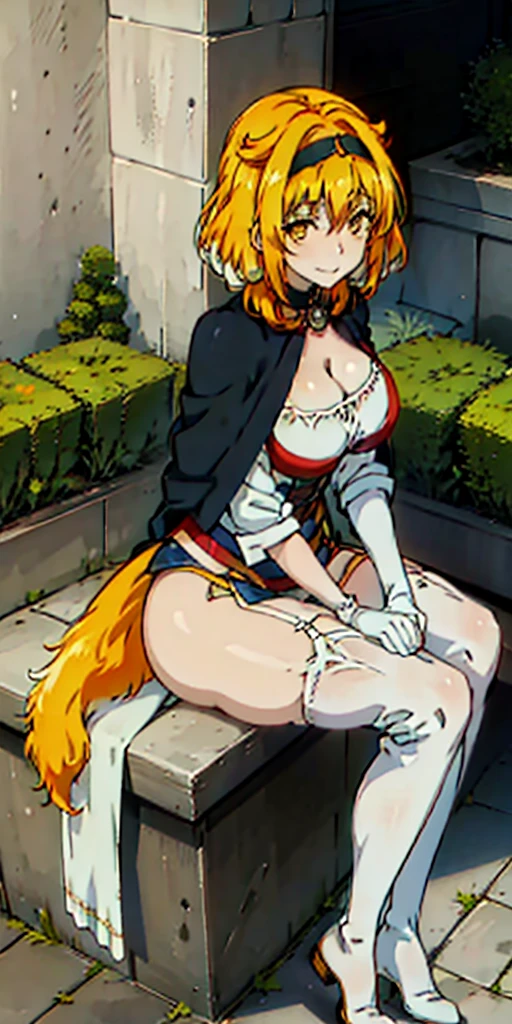 masterpiece, best quality, Roxanne AND Lianna, hair ornament, circlet, cape, armored dress, elbow gloves, blue skirt, thigh boots, garter belts, sitting, from side, hands on own lap, from above, smile, looking at viewer, closed mouth, gold eyes, yellow eyes, no visible ears, no ears, fluffy dog tail, medieval architecture, castle, garden