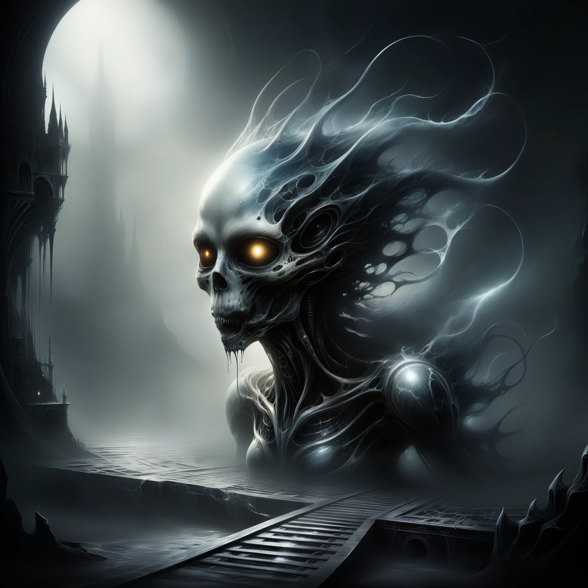 surreal landscape,biomechanical forms,H.R. Giger-inspired,haunting melody,dark atmosphere,ethereal,ominous shadows,distorted creatures,alien architecture,otherworldly ambiance,nightmarish scenery,mysterious fog,subtle glowing lights,unsettling surrealism,metallic textures,organic machinery,gothic undertones,dystopian aesthetic,macabre charm,sublime horror,twisted beauty,haunting symphony,ominous melodies,sonic dissonance,ethereal harmonies,melancholic notes,haunting tunes,nightmarish melodies,enigmatic sounds,eerie echoes,distorted music,otherworldly experience,horrifying soundscape,unearthly composition,ghostly vibrations,macabre environment,ominous composition,dissonant chords,unsettling music,creepy atmosphere,haunting sounds,grim tones