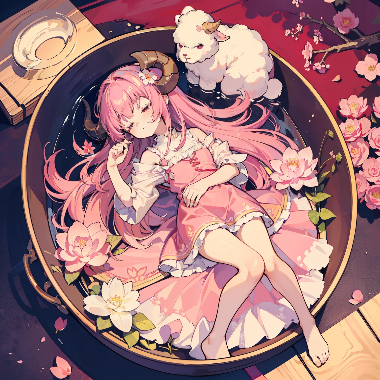 (masterpiece, highest quality), Very detailed, Anime Style, whole body, Traditional Witch Girl, Wearing a loose red dress, Ram's horns growing from his head, Pink miasma in the air, Feeling sleepy、Digital Painting, 8K High Resolution, Trend Art Station, White Background, whole body、Red-pink、Girl with sheep motif、Cute Dream、mist、Pink Flower、Flower offerings、Very light purple and very light pink clouds、A girl sleeping peacefully in her hair、Expressionless、Sleeping with hands folded、Cremated corpse、Girl sleeping peacefully in a coffin、Lying on your back、Wooden ship、Sleeping in a boat、Fantastic lake、Pink lotus floating on the water surface