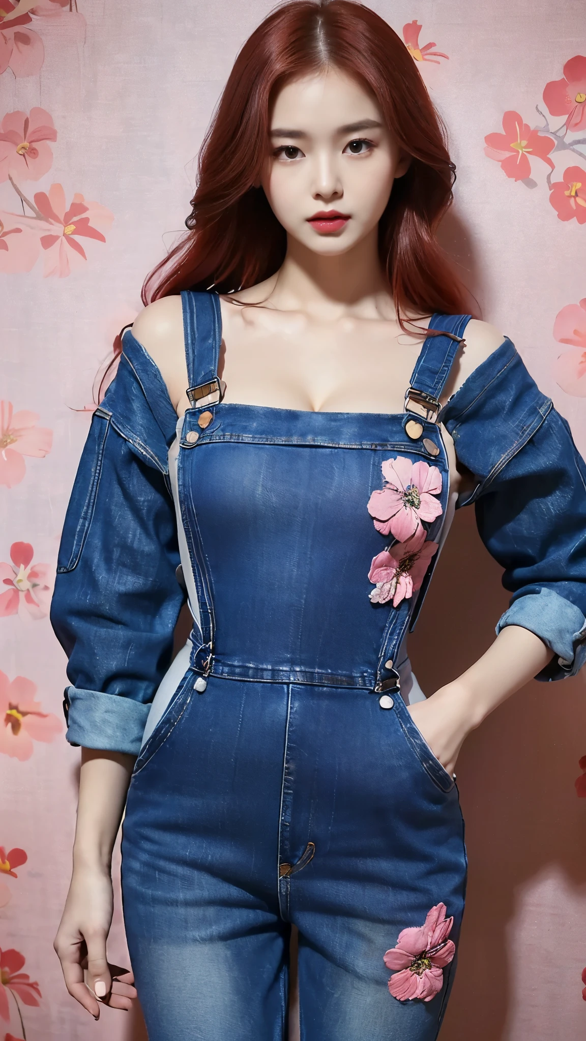 ((best quality, 8 thousand, masterpiece:1.4)), (1 woman), ((very small face:1.3)), (glowing skin:1.2), (very large cleavage:1.2), (Red hair:1.1), innocence, pure, casual dress, stockings, (focus control:1.2), (perfect body beauty:1.3), (Flower denim open overall jumpsuit:1.4), (pink floral wallpaper), (studio), (Fitting Room),