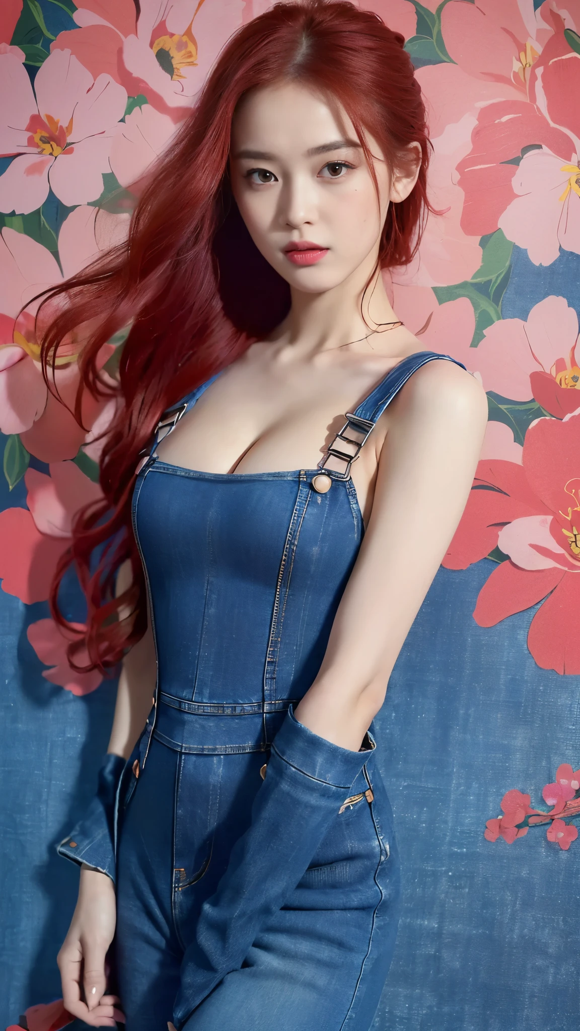 ((best quality, 8 thousand, masterpiece:1.4)), (1 woman), ((very small face:1.3)), (glowing skin:1.2), (very large cleavage:1.2), (Red hair:1.1), innocence, pure, casual dress, stockings, (focus control:1.2), (perfect body beauty:1.3), (Flower denim open overall jumpsuit:1.4), (pink floral wallpaper), (studio), (Fitting Room),