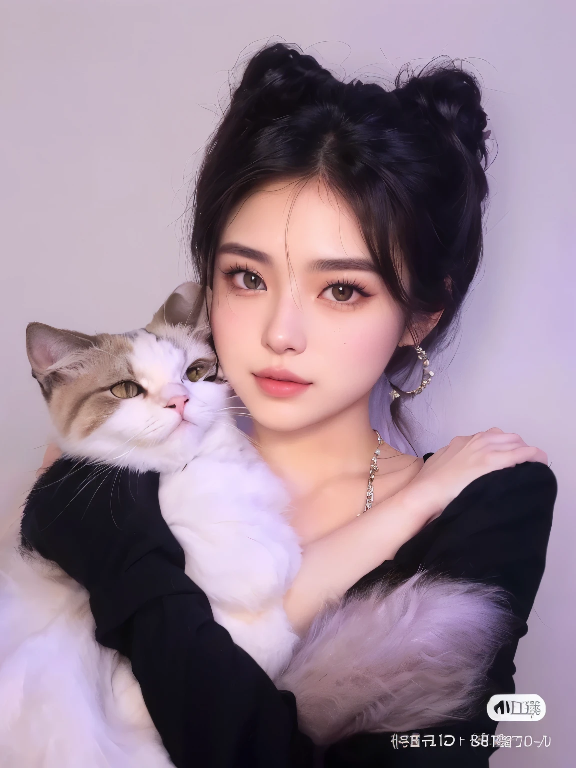 araffe with a black shirt and a blanco gato in her arms, very beautiful cute gatochica, ulzzang, attractive gato chica, beautiful young gatochica, mujer / gato hybrid, blanco ( gato ) chica, big cheeks holding her gato, dilraba dilmurat, human gato hybrid, she is holding a gato in her arms, gato photo