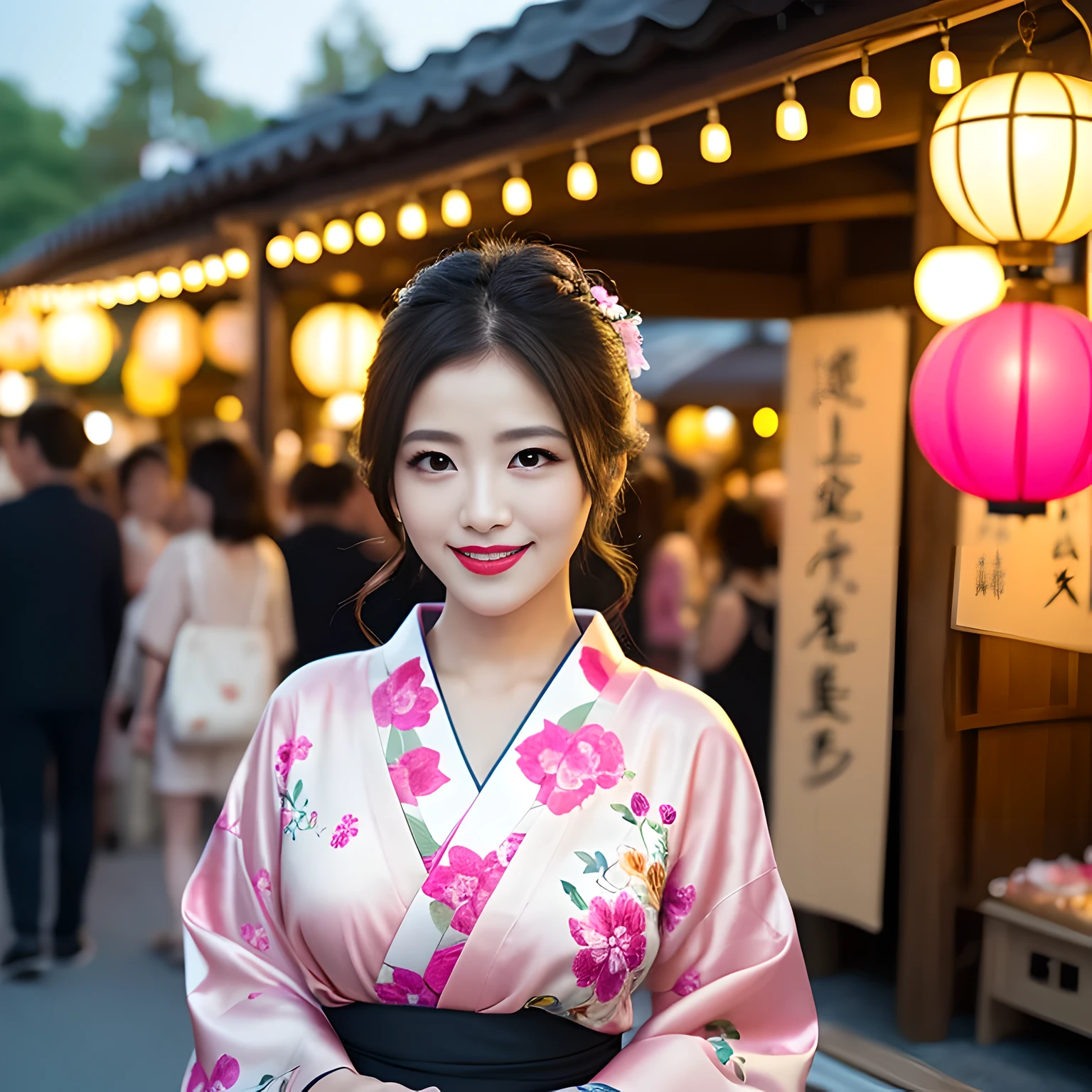 ((top-quality、masutepiece、8K、Top image quality))、One woman、Summer Festivals、Recreating an authentic Japanese summer festival、There are many festival stalls lined up.、Composition with depth、Pink floral kimono、chignon、hairpin、View me、Woman's upper body photo、perfect anatomia、Biggest smile、Perfect makeup、lanterns lined up regularly、very long eyelashes、lipsticks、(natta:1.5)