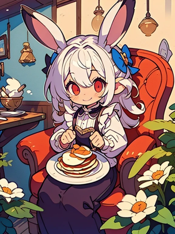 (3D,3D Art),#quality(8k,,wallpaper of extremely detailed CG unit, masterpiece,High resolution,top-quality,top-quality real texture skin,Surreal,Increase the resolution,RAW Photos,highest quality,Very detailed,wallpaper,Golden Ratio), break ,alone,#One girl(human,Little:2.0,cute,cute,Small ,Gray Hair:1.6,very Long Hair:2.0,Long Hair:2.0 fluffy white  ears:1.2,Red Eye:1.1,Big eyes,Beautiful and shining eyes,skin color is white,Big hair bow,White ruffle dress:1.3,chest,View your viewers,rabbit story,Eat pancakes smothered in honey and strawberries:1.6,Sitting in a chair), break ,#background(internal,A very classic and gothic cafe),(Little:1.7),from the front,smile,rabbit ear