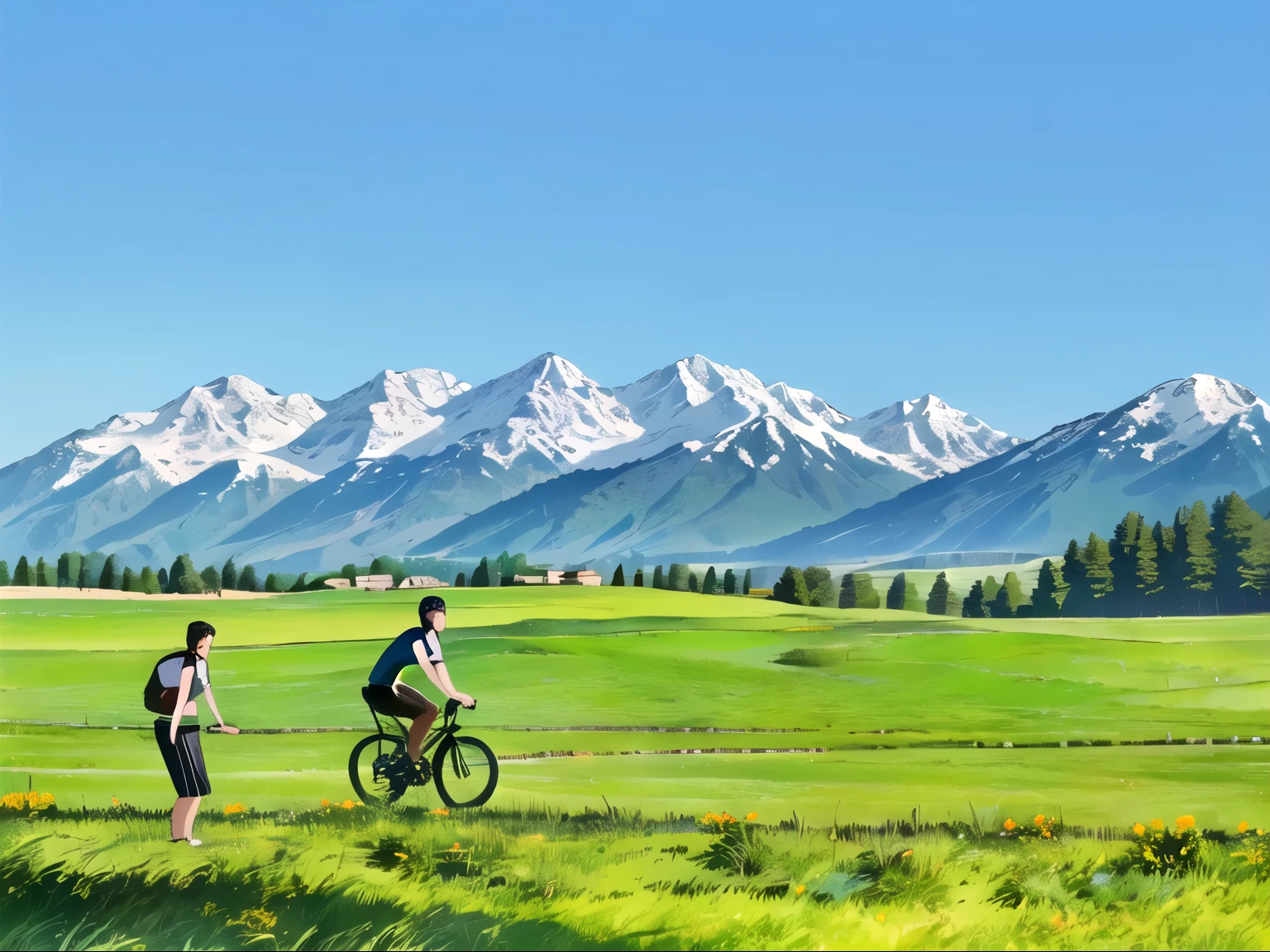 People who love cycling,Riding a bicycle parked on the grass, against the backdrop of trees, The protagonist is the bicycle!!, Hills in the background, With hills and sky as background, Under the scorching sun!, Mountains in the background
