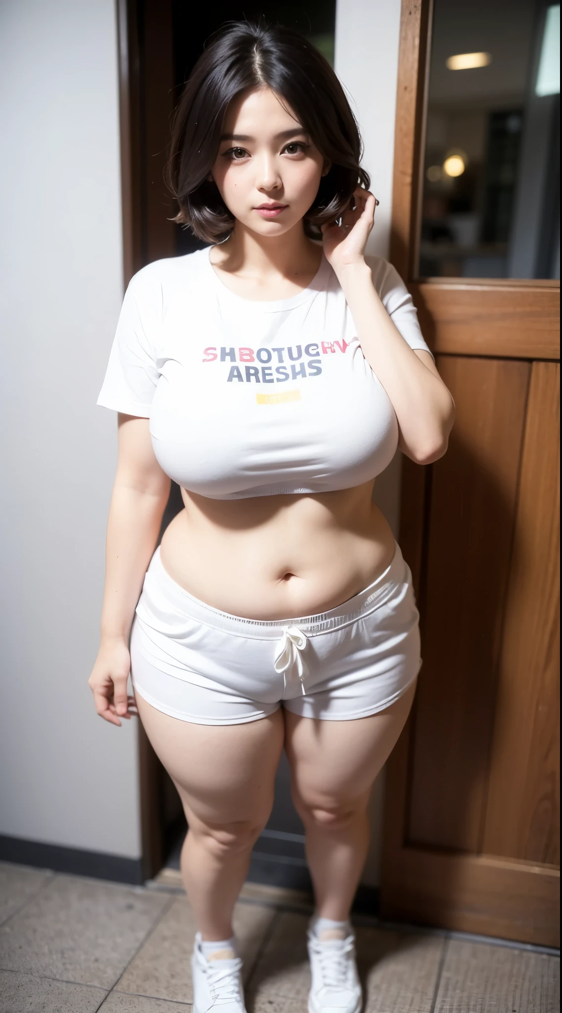 ((best quality)), ((masterpiece)), (detailed), perfect face, 
((best quality)), ((masterpiece)), (detailed), perfect face, mature female, thicc, she has a jiggly fat round belly, busty, thick neck, thick body, better known as amouranth, powerful and huge, thight cloths, she is facing the camera, sie boob, curvy figure, bob hairstyle , full body, chubby cheeks, chubby face, chubby arm., Bbwchan, short hair, wearing shorts pants, wearing cape, wearing a t-shirt, sneaker shoes 