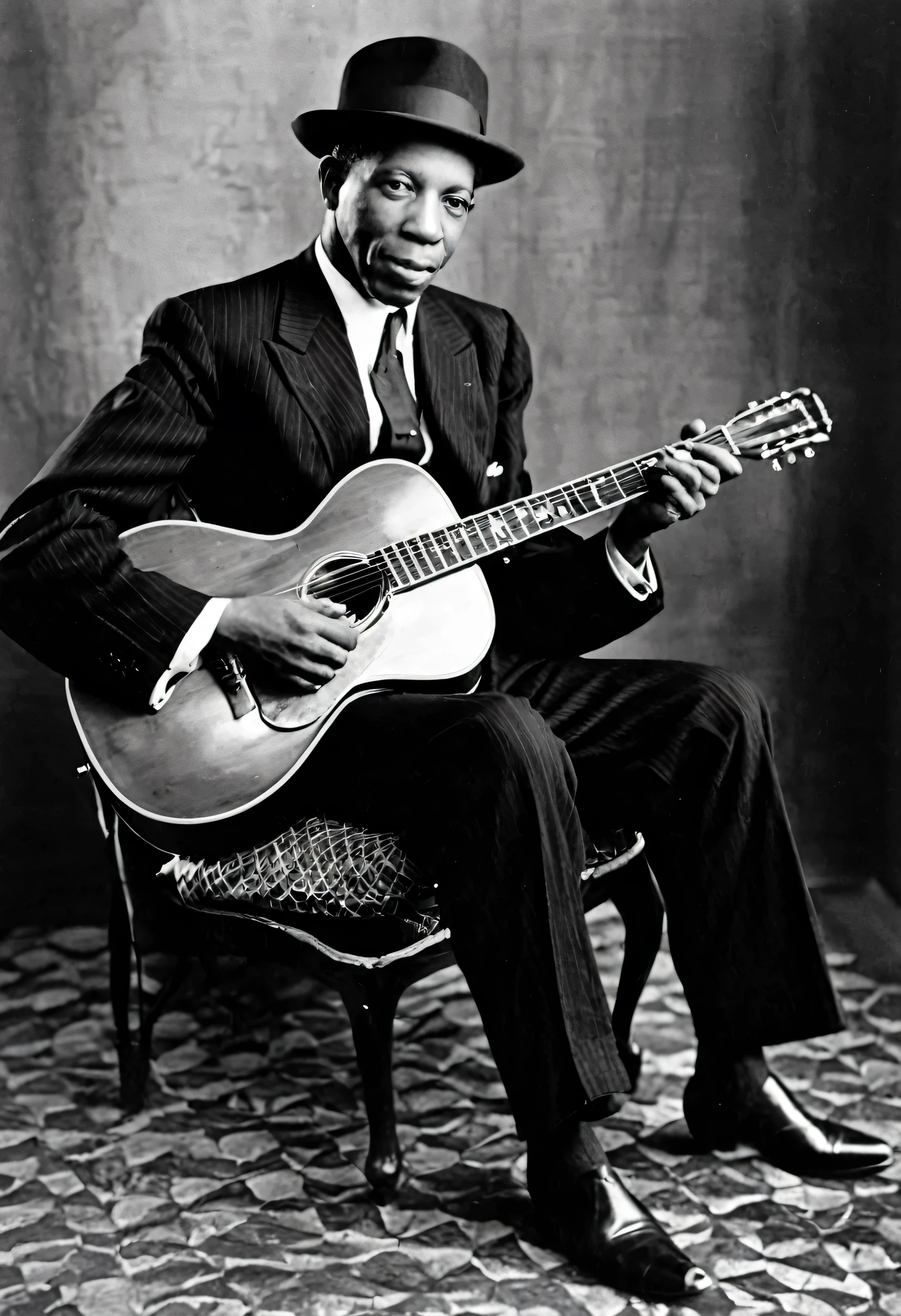 Blues guitarist Robert Johnson playing his guitar while sitting on a chair