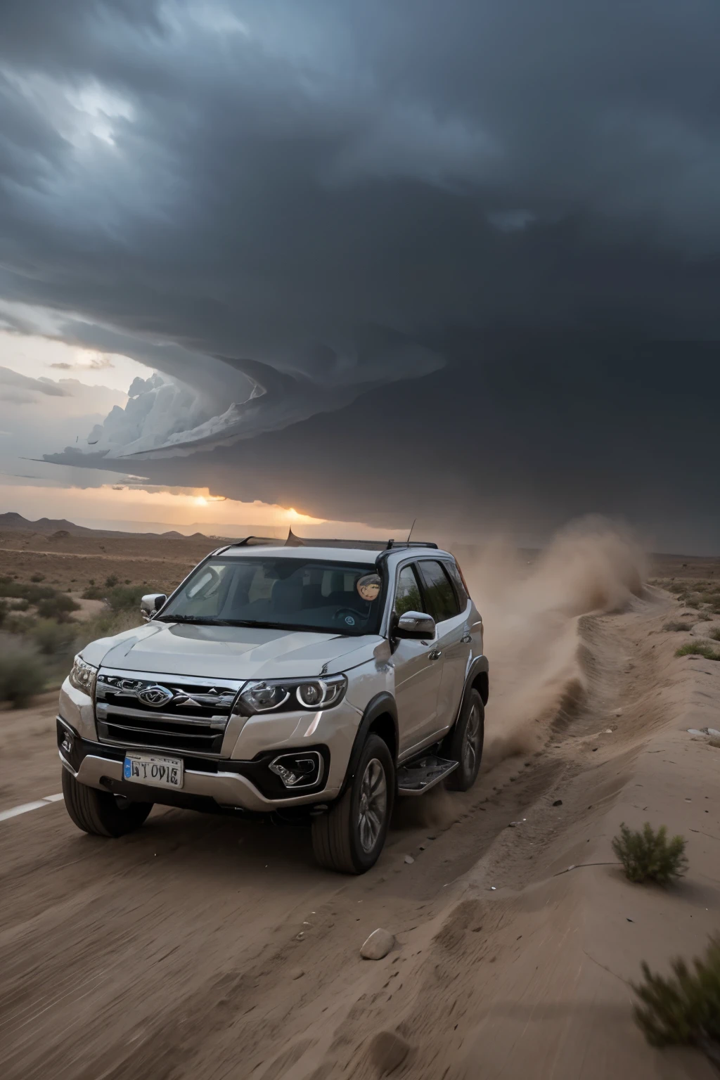 wehitefortuner in  thardesert runing on high from driveer side speed in high storm horizontal image
