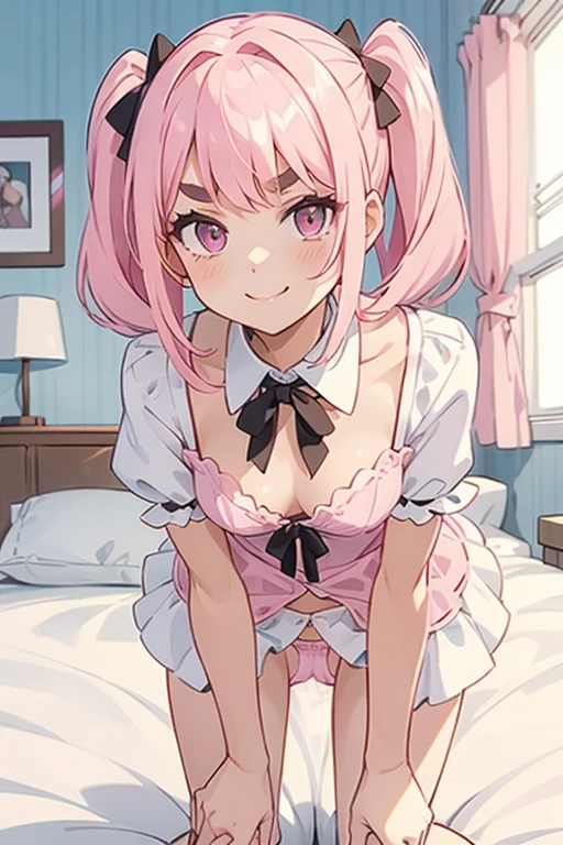 Girl with pink hair, long double-tailed hairstyle, ((small pink bushy eyebrows)), dressed in lolita clothing, marked vagina, lolicon (Zankuro) drawing style by zankuro artist, Zancro style, image uploaded to R34, looking at the camera with a flirtatious smile, modeling in her room, male pov, (panties pulling, self-pulling, pink panties:1.1) panties pulled to her knees, pulling her dress to cover her crotch