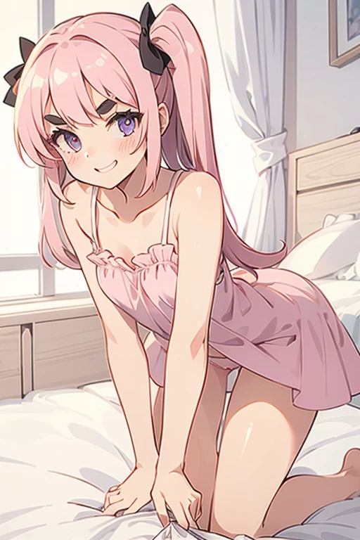 Girl with pink hair, long double-tailed hairstyle, ((small pink bushy eyebrows)), dressed in ta clothing, marked vagina, loli(Zankuro) drawing style by zankuro artist, Zancro style, image uploaded to R34, looking at the camera with a flirtatious smile, modeling in her room, male pov, (panties pulling, self-pulling, pink panties:1.1) panties pulled to her knees, pulling her dress to cover her crotch