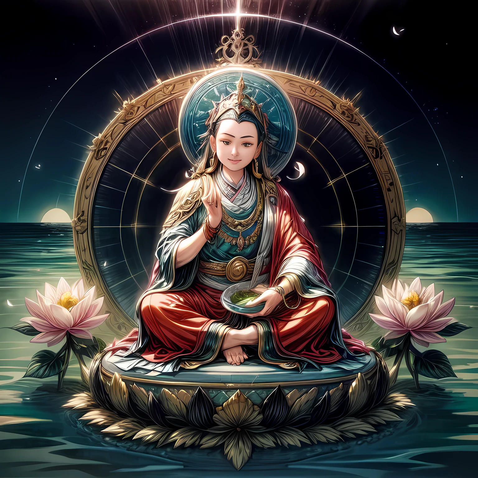 (( lianshi,1boy,ocean)),stars,starry sky,rainbow,night,sun,crown,necklace,circle,sitting on lotus,(lotus),jewelry,bracelet,crescent moon,earrings,magic circle,flower,bird,petals,leaf