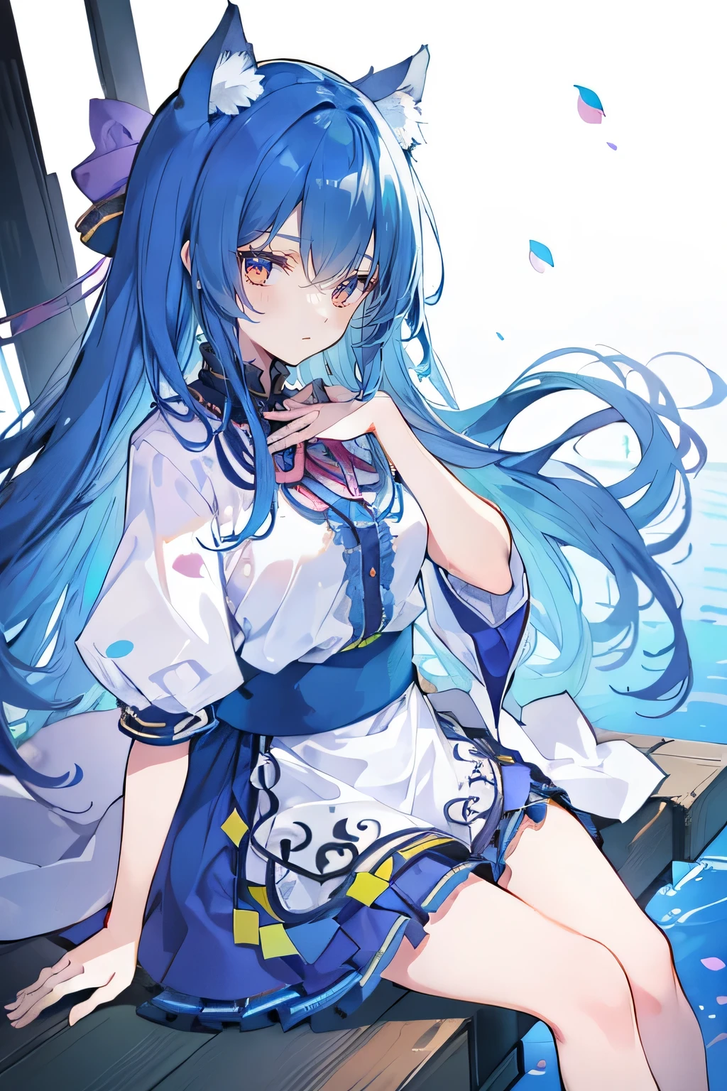(masterpiece:1.2),ultra-detailed,realistic,expressive eyes,fair-skinned,perfectly shaped face,1girl,
Japanese cartoons,Gorgeous blue hair, flowing blue hair,floating clothes,cat ears,petals falling,beautiful Lola,Hina Angel,
hands on waist,gracefully sitting on the ground,legs crossed,gentle and serene background,cool and comfortable pavilion.