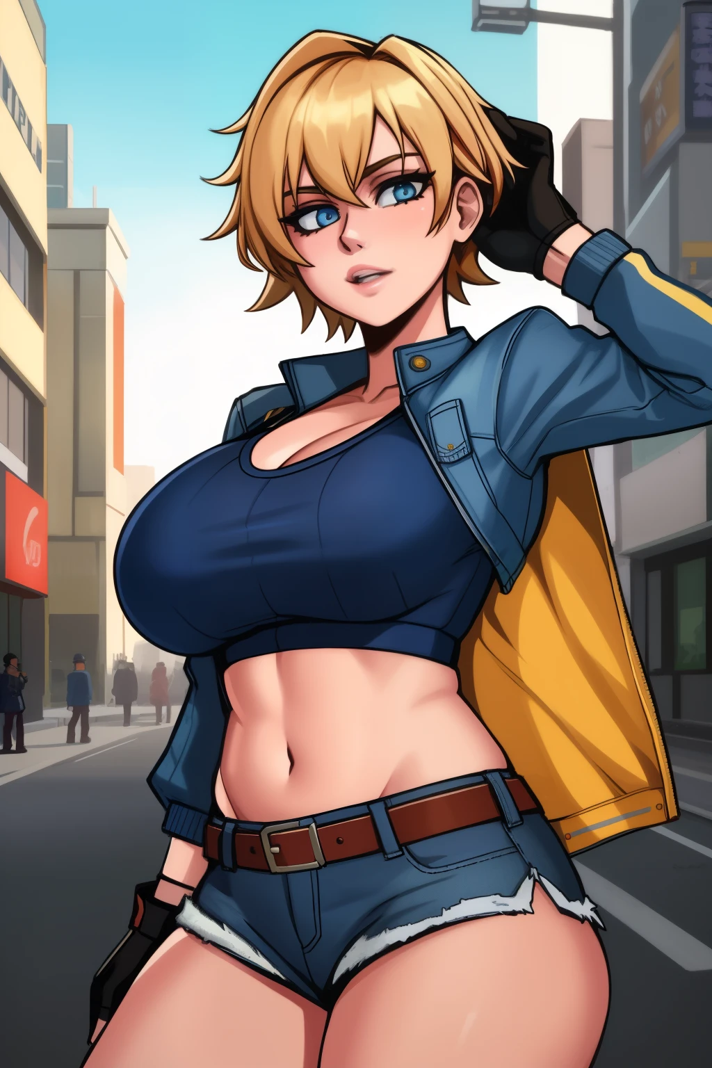 Masterpiece,8k, perfect face highly detailed,HDR, ultra realistic photoshoot, absurdres,award winning photo, extremely detailed, amazing, fine detail, 
KazAsuka, blue crop top, big breasts, denim jacket and minishorts, short blonde hair, MMA gloves, posing for a picture, in the streets of Osaka