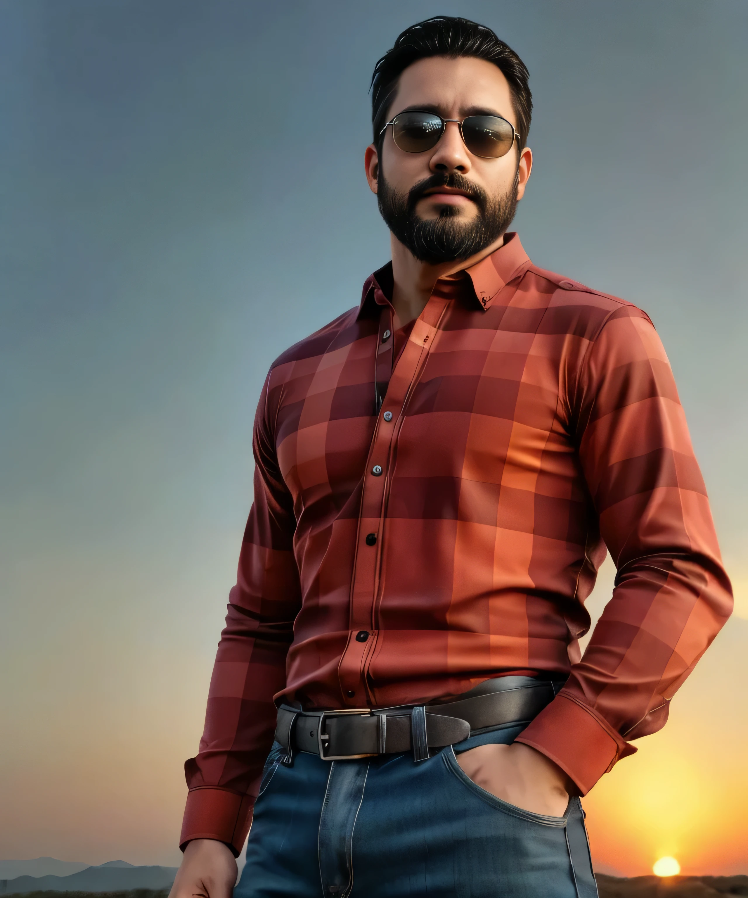 Obra maestra, desenfoque de campo, Parte superior del cuerpo, Hands in pants pockets , 38 year old man with beard and square sunglasses.. Man wearing a plaid shirt at an action movie on the moon with a sunset in the background.