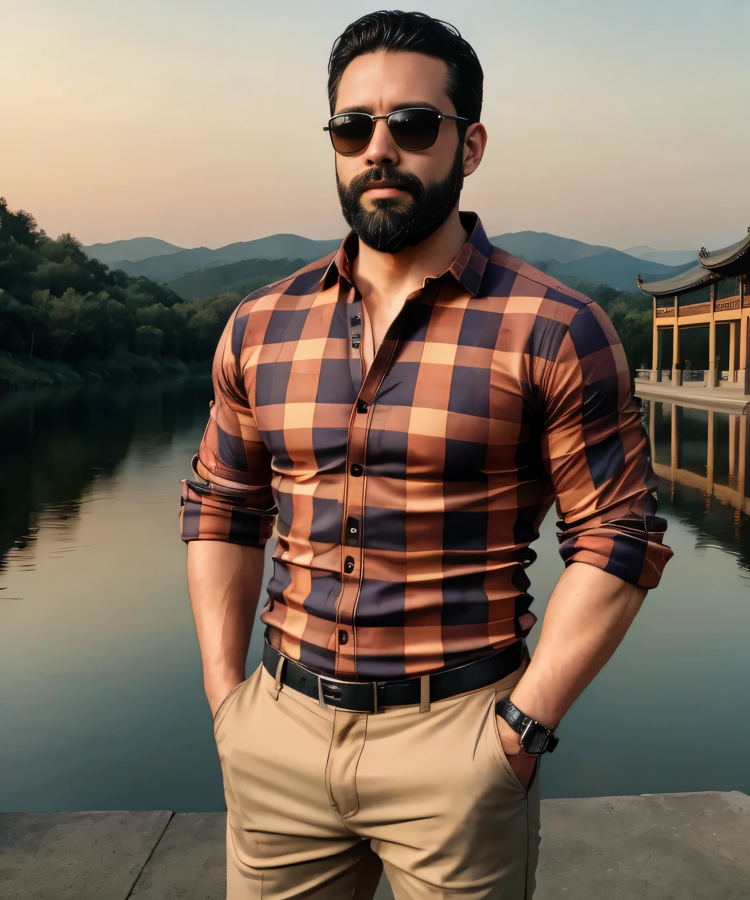 Obra maestra, desenfoque de campo, Parte superior del cuerpo, Hands in pants pockets , 38 year old man with beard and square sunglasses.. Man wearing a plaid shirt at an action movie in China with a sunset in the background.