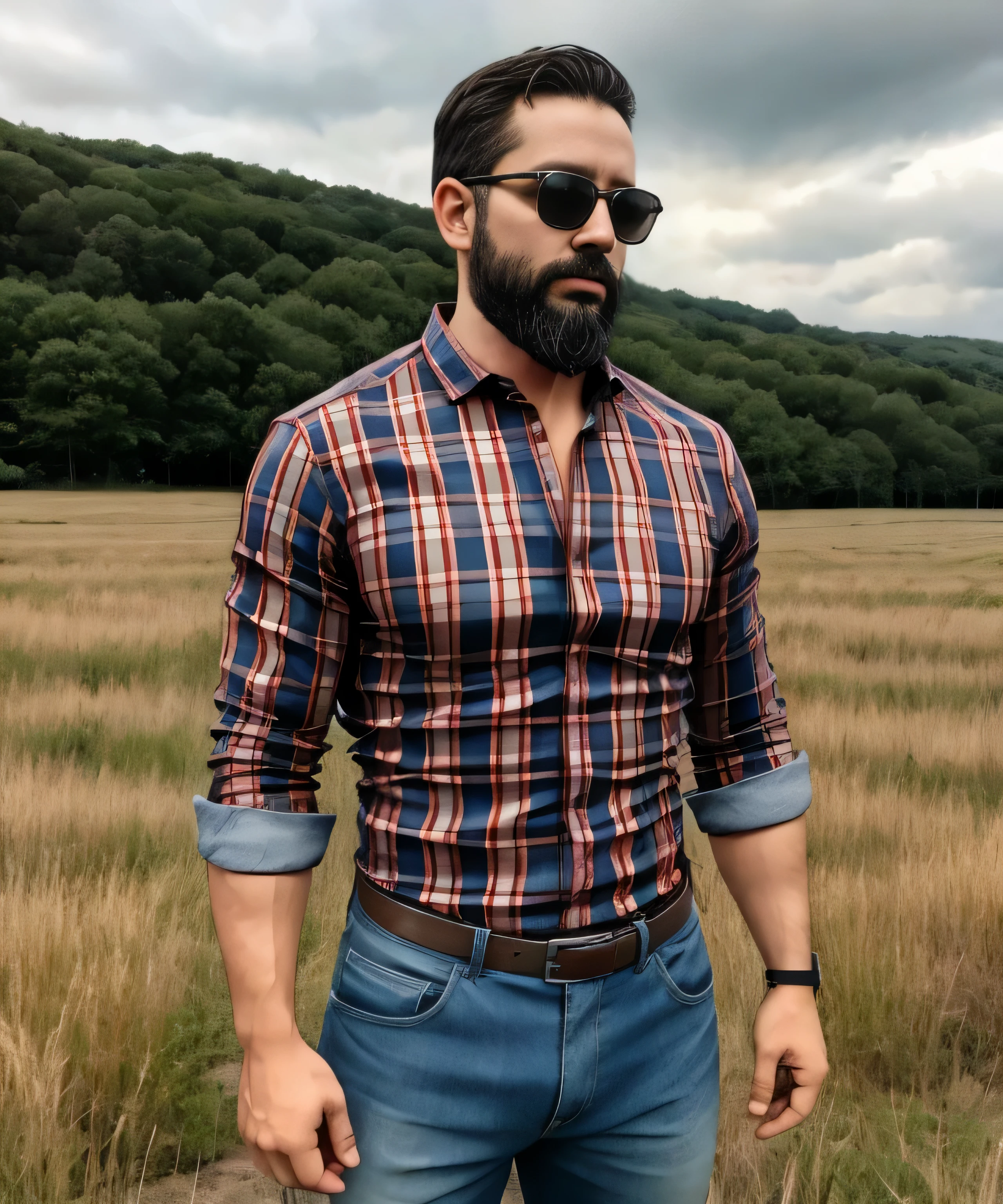 Obra maestra, desenfoque de campo, Parte superior del cuerpo, Hands in pants pockets , 38 year old man with beard and square sunglasses.. Man wearing a plaid shirt in an action movie with a field with unicorns in the background.