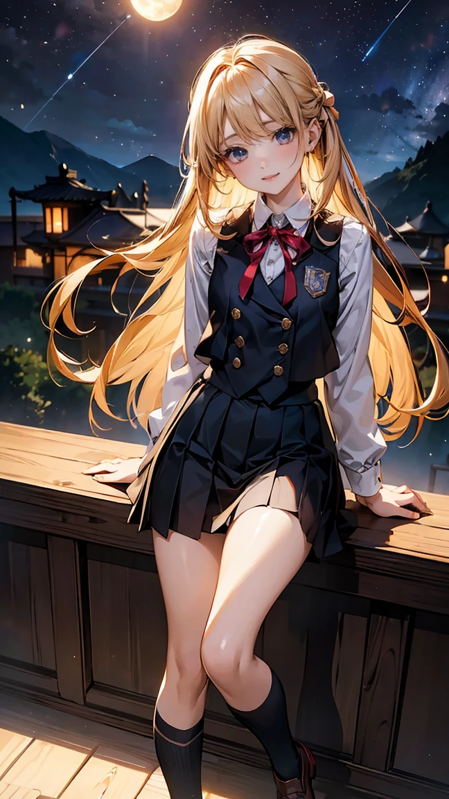 masterpiece, best quality, ultra-Detailed, illustration, A girl stands in front of an audience, navel, (Semi-long、blonde hair)、medium chest、High school girls、(Uniform、cute ribbon、skirt、knee high socks、blazer、uniform buttons、uniform collar、blouse、Uniform skirt、uniform tie、Uniform shoes、Uniform vest)、In a perfect contrapposto pose、Her hands rested delicately on her head、Smile sweetly at the viewer。She exudes an aura of elegance and charm, (warm light source:1.2), (firefly:1.2), lamp, There is a lot of purple and orange in it., 복잡한 Detail, Volumetric lighting BREAK (masterpiece:1.2), (best quality), 4K, very detailed, (동적 composition:1.4), very detailed, colorful details,( 무지개 light깔의 color:1.2), (lightI am 조명, atmospheric lighting), dreamy, Magic 같은, (alone:1.2), alone, fancy, I am, rain, night sky, outdoors, Magic, order, moon, star, cloud, wind,
have, Boots, rainstick, glowing, 신rain한, fascinating, weird, playful, adventurous, , I'm curious, imagination, crystal, technology, speed, movement, energy, realism, naturalistic, rain유적인, expressive, beauty, fancy culture, mythology, traditional stories, folklore, legends, witch, Magic사, Magical creatures, fancy worlds, composition, Scale, Panorama, center field, background, aspect, light, color, group, Detail, beauty, I'm curious.