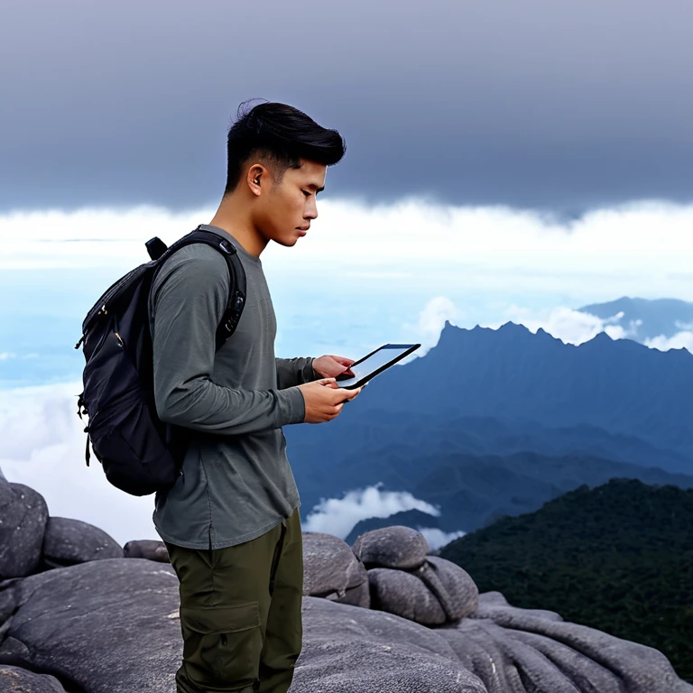 A young asian man, drop fade cut hair, lonely , exploration style，hiking, Stand , behind misty cloud sea at Mt.Kinabalu peaks , Wearing long sleeve army camouflage T-shirt, dark gray hiking causal trouser, smart and handsome, holding a tablet , black backpack, wearing desert shoe , upper body, face to viewer, details on face and body features, realistic, masterpiece, 8k resolution photo, movie lighting.
