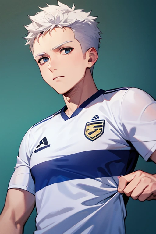 jugador de futbol con camisa blanca con el numero 15 y pelo blanco ojos azules