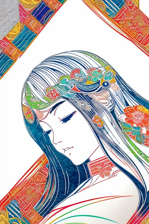 (White background: 1.4), (Portrait of a girl's head, eyes closed, colorful long hair, oriental elements), (Japanese illustration: 1.3, Paper art: 1.3, Quilted paper art: 1.2), (Reasonable design, clear lines, high transparency, top quality, very detailed, masterpiece, film lighting effects,) 4K)