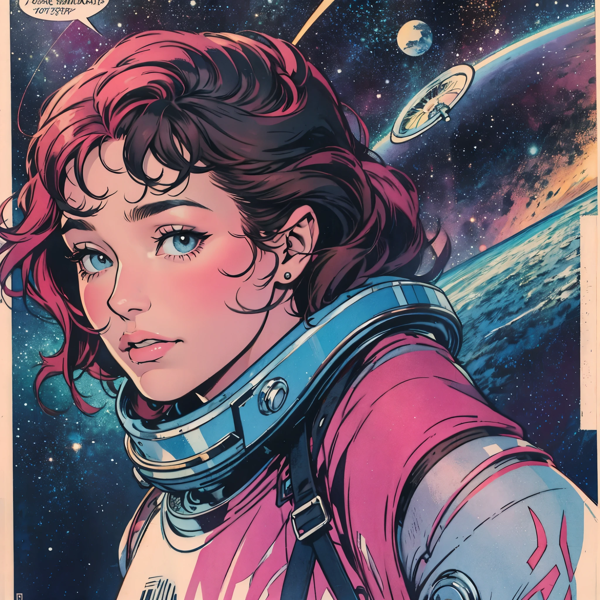 ultimate best quality,beautiful woman,speech bubble,big brest,galaxy,60s,70s,80s,colorful,cosmo,space,