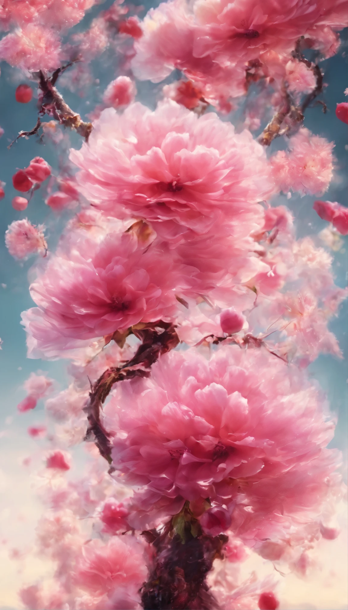 Expertly captured by renowned photographer Lee Jeffries、Think of a bottle cherry tree, a mesmerizing sight of natural beauty.。The image is、Nikon D850 and Kodak Portra 400 film、Trusted F1.6 Using the lens、Rendered in stunning 4K resolution。 ふわふわのpinkの桜の花びらが、A testament to unparalleled realism、Suspended in a bottle。The refraction of light in the atmosphere dances around the petals.、Create complex patterns、Add depth and dimension to your images。An explosion of rich colors、pink、white、Red shade required