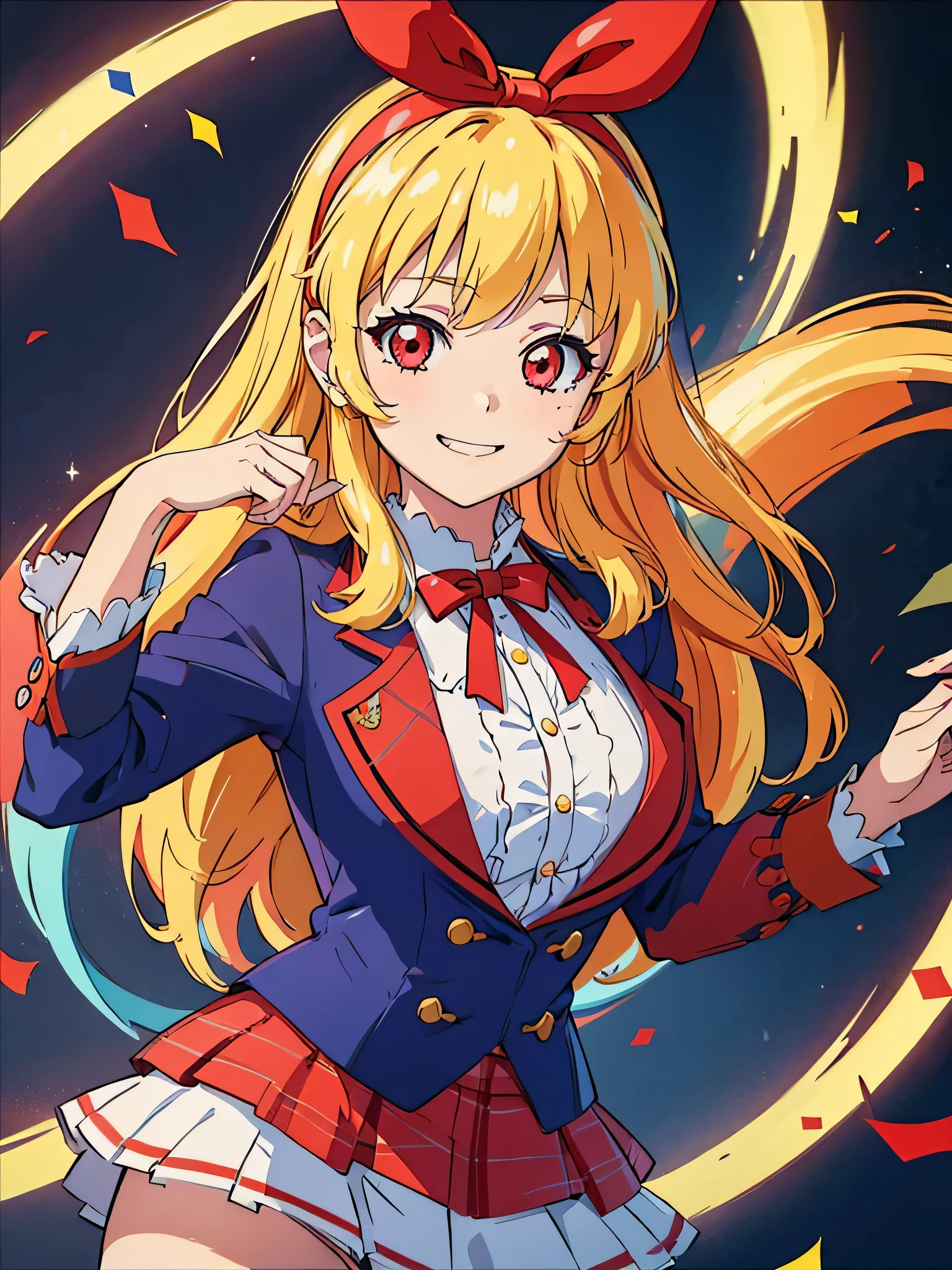 (red ribbon on hairband:1.2),(8K, best quality, muste piece:1.2)、ultra high resolution,1 very cute girl,hosimiya ichigo,ultra-detailed face, detailed eyes,RED eyes,smile, grin, happy,,masterpiece, best quality, extremely detailed, 1 girl,souvenir jacket idol, White souvenir jacket idol costume, live stage, confetti1 girl,