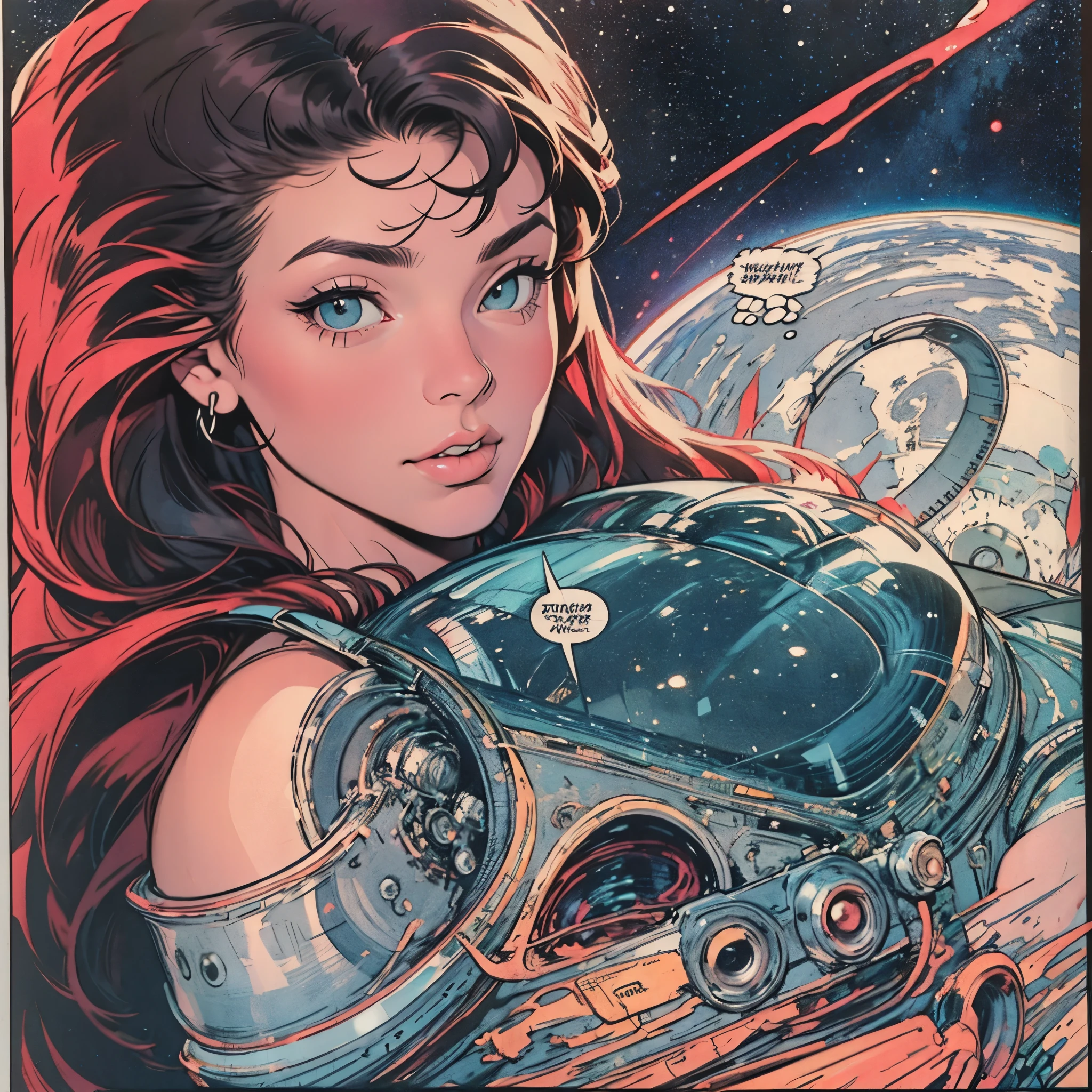 ultimate best quality,beautiful woman,speech bubble,big brest,galaxy,60s,70s,80s,colorful,cosmo,space,