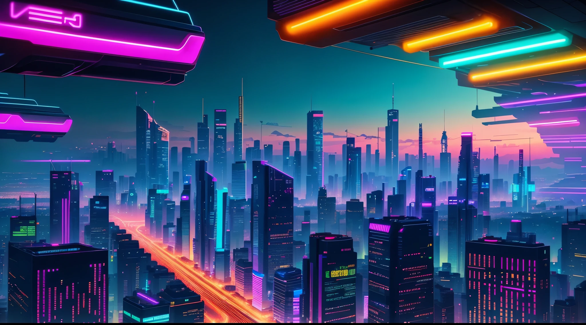 The brightly lit city view is in the foreground,Neon lights and traffic, Detailed neon cyberpunk city, cyberpunk vibrant colors, Futuristic Street, Background is neon metropolis, Future city streets, Fantasy colorful cyberpunk colors, Cyberpunk Cityscape, Cyberpunk Background, In a futuristic cyberpunk city, Neon city background, Cyberpunk Lights, Background cyberpunk city, Cyberpunk city background, Cybernetic city background
