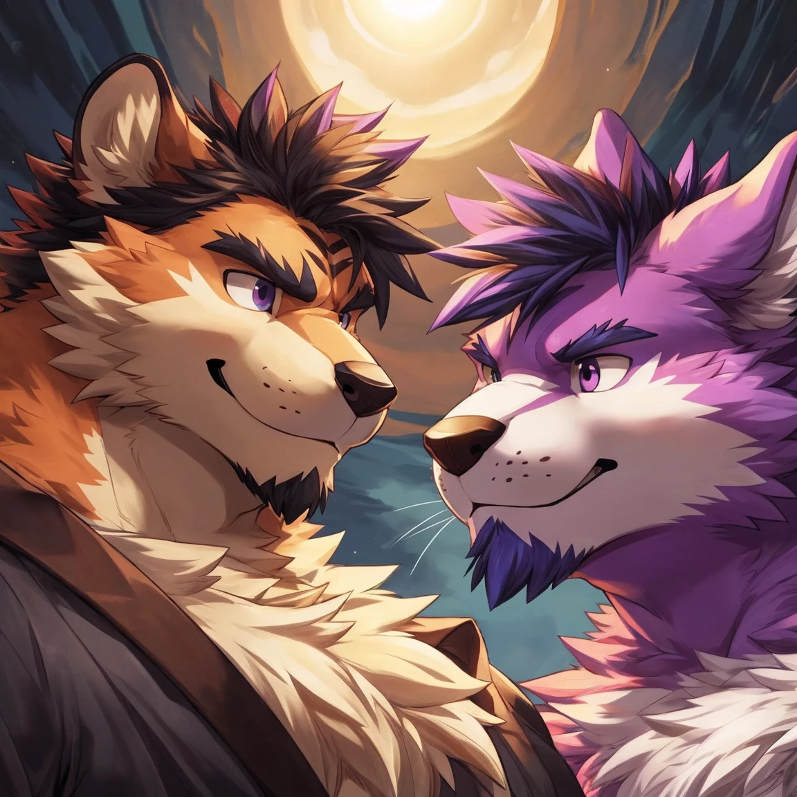 (theme:1.2),(Close-up of two paintings of angels and demons), Batalla entre Good and Evil,masterpiece,best quality,tiger_beast(Fluffy fur,Fluffy,hairy) ,Heterochromia,(Angel on the left,The devil on the right),Two-color hair,(Two-color_shirt:1.2),(Chiaroscuro:1.2),(The one on the left has black hair and purple eyes,On the right is white hair and golden eyes:1.2),male,(Purple fur on the left,Right side golden fur:1.2),Face focus, Front view, cannon, male, solitary, ((Round Face, Very plump face, thick beard)), ((endomorph body type, Handsome)),high quality, (high quality, high resolution, masterpiece), (Dynamic Lighting, Vibrant colors), (Generous smile), cartoon, author:Takemoto Arashi, by zixiong, author:Chunni, author:Empty Ghost