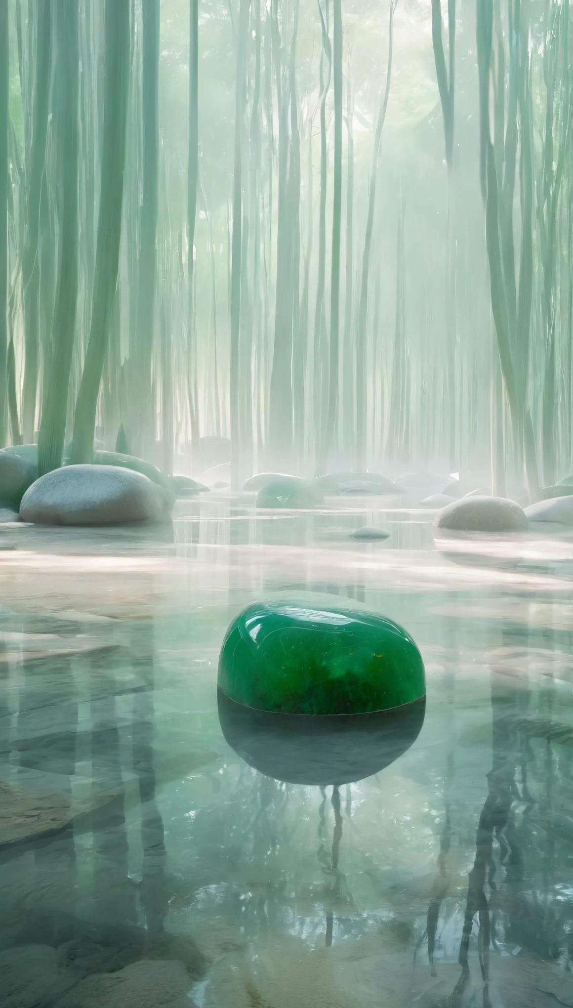 (best quality,4k,8k,highres,masterpiece:1.2),ultra-detailed,(realistic,photorealistic,photo-realistic:1.37),landscape,minimalism,serene,serenity,tranquility,peaceful atmosphere,subtle colors,focus on key elements,contemplative,muted tones,delicate composition,gentle curves,subdued lighting,dreamlike,mysterious,harmony,magical,vibrant reflections,smooth surfaces,reflection of the world,serene atmosphere,calmness,harmonious balance,airy spaces,immaculate,mindfulness,quietude,positive energy,A journey surrounded by jade stones and delicate lighting,sublime beauty,natural harmony,wisdom of simplicity,visual poetry,whispered elegance,understated majesty,perfectly balanced symmetry,ethereal,abstract beauty,calming experience,touching the essence of things,clarity of vision,seamless integration of form and function,minimalist design principles,zen-like,spiritual awakening,tranquil spaces,effortless beauty,subtle textures,soft lines and gentle curves,blurring the boundaries between art and nature.