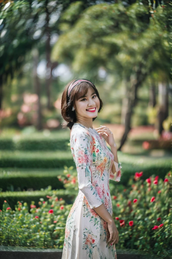 Close-up photo of a beautiful short hair Asian girl wearing delicate flowery Vietnamese ao dai, smirking, blurred background.