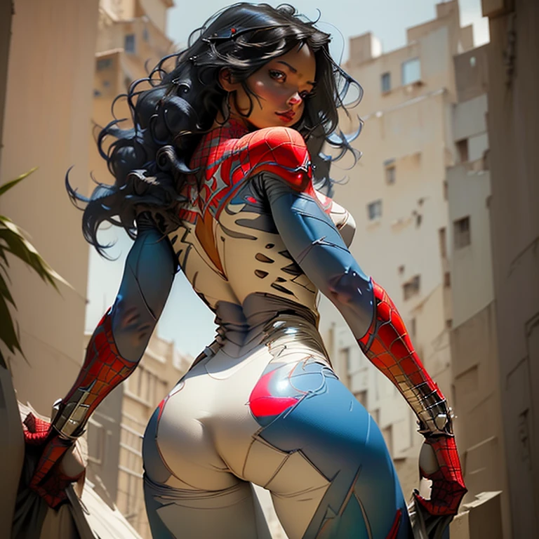 Beautiful woman posing from behind detailed defined body wearing Spider-Man cosplay with blue and white colors, delgado , pata de camello, cameltoe, cabello afro crespo, hermosa mujer negra cubana de cabello largo y peinado en rastras