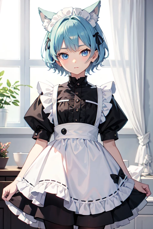 boy in maid outfit。Light blue short hair and kemonomimi。Light blue eyes。