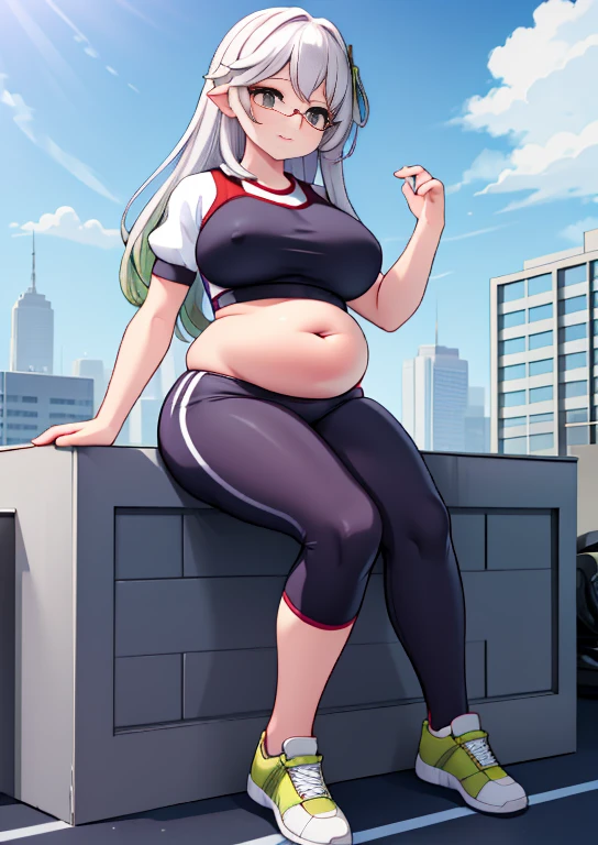 (masterpiece, best quality, highly detailed), 1girls, big belly, huge belly, art by kipteitei, round belly, chubby, curvy, belly grab, enormous belly, fat belly, thicc, bigger belly, really big belly, jiggly belly, glasses, (((extra thight gym clothes))), ((cum on belly)), smug face, sitting, high heels, ((full body)), long hair, ((dominant)), (giantess)