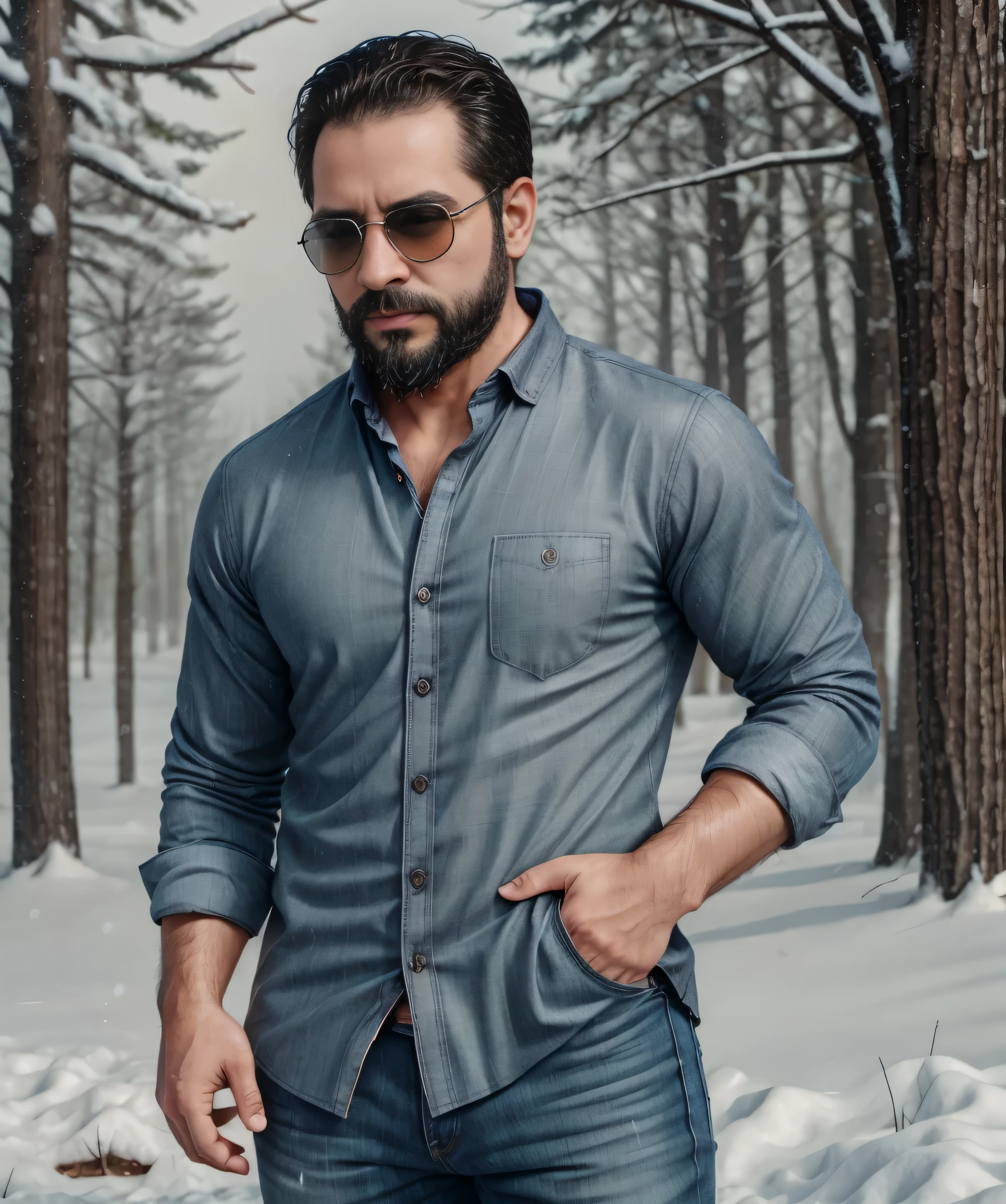 Obra maestra, desenfoque de campo, Parte superior del cuerpo, Hands in pants pockets, 38 year old man with beard and square sunglasses. Man wearing a plaid shirt in an action movie with a snow storm in the background.