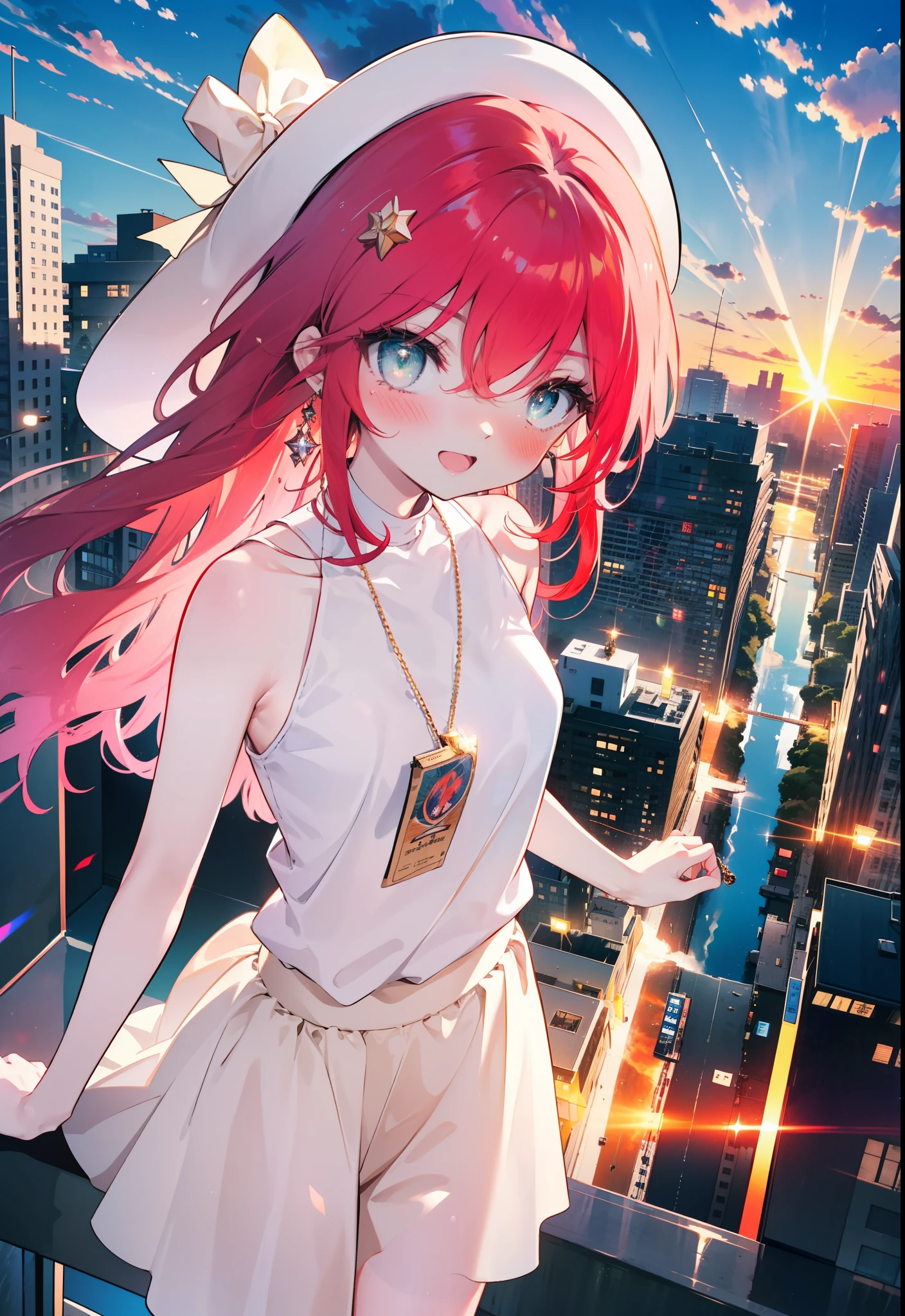 Shana,灼眼のShana,Ahoge,Long Hair,Red hair, Red eyes:1.5, Small breasts,smile,blush,Open your mouth,Sleeveless dress,Bare shoulders,bare clavicle,Bare neck,Rocket Pendant,White hat,Long skirt,Cute heeled sandals,Looking down from above,sunset,evening,The sun is setting,
break looking at viewer, (Cowboy Shot:1. 5)
break outdoors, City Street,Building district,
break (masterpiece:1.2), highest quality, High resolution, unity 8k wallpaper, (shape:0.8), (Fine and beautiful eyes:1.6), Highly detailed face, Perfect lighting, Highly detailed CG, (Perfect hands, Perfect Anatomy),