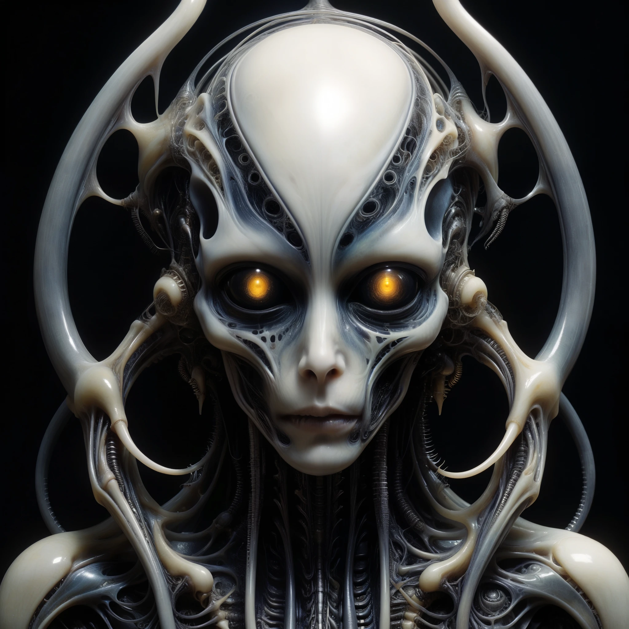 Explore a chilling symphony of AI-generated music resonating from within grotesque, organic structures inspired by H.R. Giger's nightmarish creations.