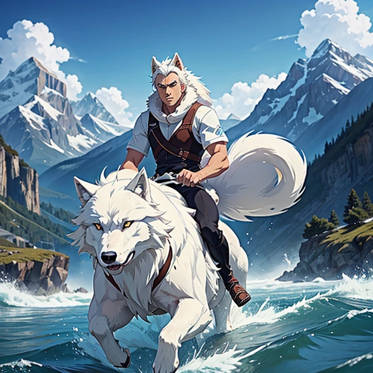 Anime man rides on the back of a large white furry wolf running on water in the background of mountains.