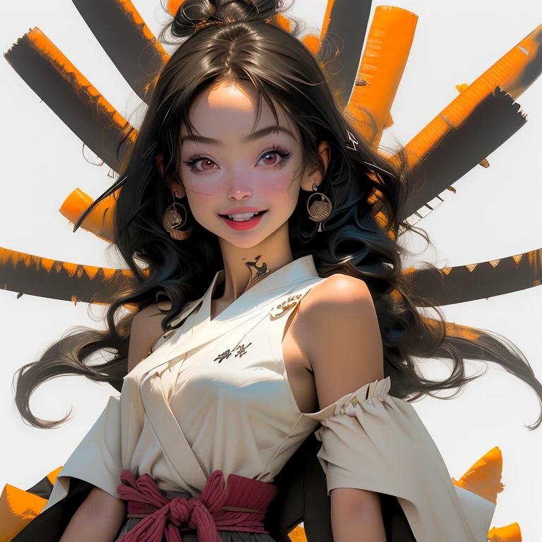 1 chica, solo, ropa japonesa, cabello corto, arma, espada, Brown eyes, mirando al espectador, kimono, By the chestnut, labios, mano en la cadera, vaina, sonrisa, katana, pelo negro, parte superior del cuerpo, boca cerrada, vainaed, mano arriba