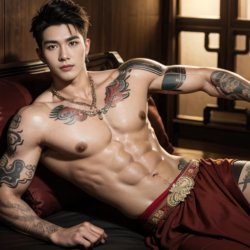 ( safe for work),Two handsome boys kissing, smiling at each other,hugging, kissing, touching lips, cuddle, romantic,skin ship, Chinese Men God, Mythology, realistic, Chinese odyssy, super Handsome,manly, kpop idol, handsome korean actor, 20 years old,, detailed face, manly jawline, detailed mess curly styling hair, Topless, Muscles, big breast Athlete body, Full Frame,full body shoots, realistic, human skin, tattoo breast, Professional studio Lighting, long red tibet wedding Outfit, jade and golden pendent all over , detailed jewery in dress, earings,Chinese ancient wedding Background,out door, super detailed background,look at camera , open mouth, thin Underneathe Underwear, tibet Warrior, Hanfu red wedding dress, tibet Male, tibet Nobel, Seduce , bare chest , tattoo chest, tattoo arms, tattoo hands, tattoo back, tattoo legs , tattoo belly, big juicy butts,