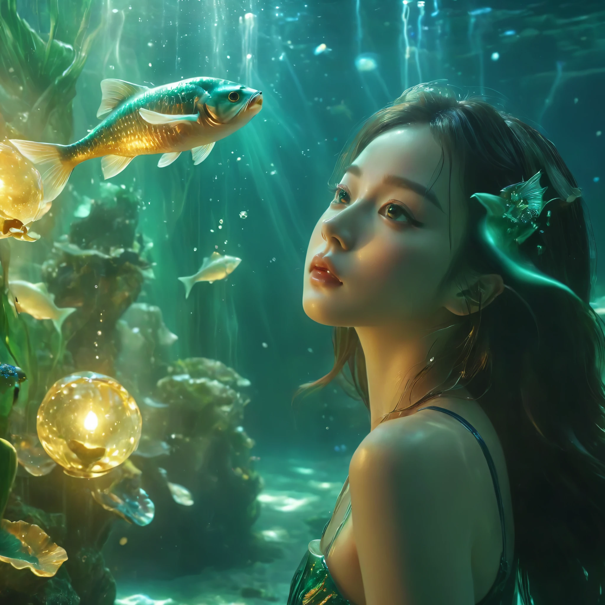 1cat,1girl,diving,underwater,blingbling,movie-level lighting effects,close-up,detailed face,jade,(best quality,4k,8k,highres,masterpiece:1.2),ultra-detailed,(realistic,photorealistic,photo-realistic:1.37),vivid colors,portrait