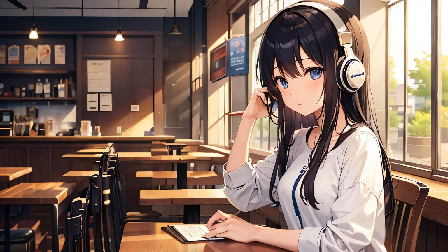 Girl with headphones enjoying music in a cafe I am studying Emphasize a little bit of the chest
