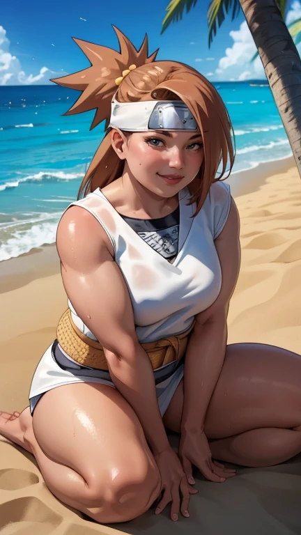 1 girl, high quality, 8K, wet body, Wet hair, looks at the viewer, full length, you can see the head, Visible legs, wide waist, smiling, sitting in the sand, Near the sea, chubby, nude body, sexual, 18 years, small breasts, Shy, naruto anime style, naked, Without clothing 