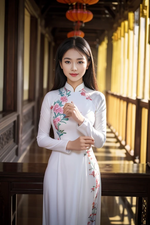 A girl in Vietnam wearing an Ao Dai,illustrated with intricate details,high-res,having a serene atmosphere,saturating the scene with vibrant colors,embracing traditional Vietnamese culture and spiritual practices,with delicate folds and embroideries on the Ao Dai gown,adorned with lotus flowers, creating a harmonious blend of elegance and tranquility, the girl's face radiating inner peace and serenity, her eyes sparkling with wisdom, her lips gently curved into a serene smile, beautifully depicting the grace and charm of Vietnamese women, her slender fingers delicately holding a candle, casting a soft glow amidst the peaceful ambience of the temple, the flickering light illuminating the ornate architectural details of the temple, highlighting the stunning traditional artwork showcased on the walls, ceiling, and pillars, the play of light and shadow adding depth and dimension to the scene, capturing the spiritual essence of the moment, showcasing the rich cultural heritage of Vietnam, a masterpiece that embodies the beauty and tranquility of the country.