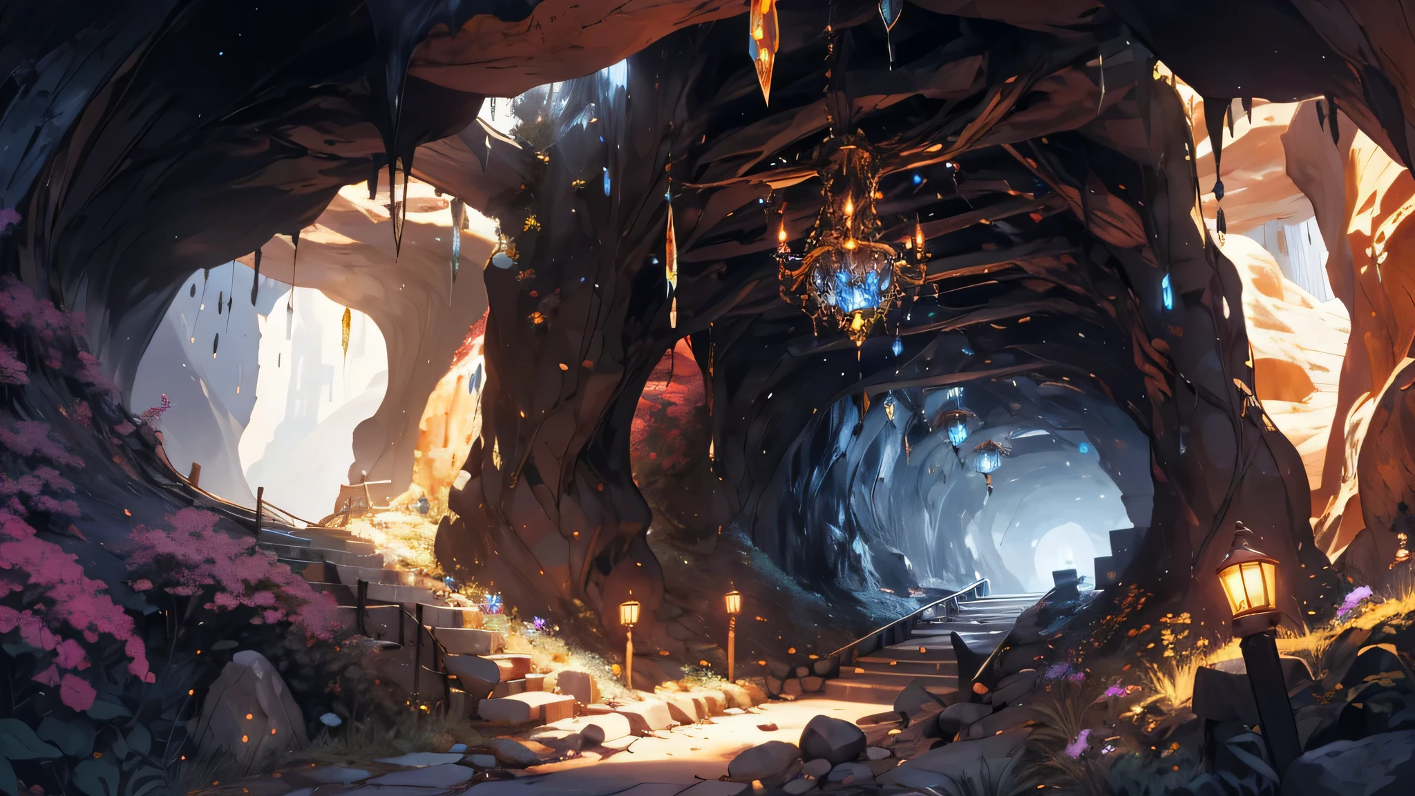 highres:1.2),detailed scene,underground mining,beautifully lit caves,mineral-rich tunnels,detailed rock formations and crystals,glimmering gemstones, fantasy an