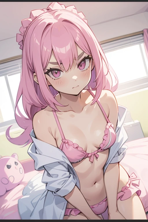 Girls with pink hair, long double-tailed hairstyle, ((small pink bushy eyebrows)), dressed in ta bikini, ), loli(Zankuro) drawing style by zankuro artist, Zancro style, image uploaded to R34, changing of clothes in a room, looking away, sexy flirtatious look,not looking at the camera (hidden camera recording it, security camera filter recording it)